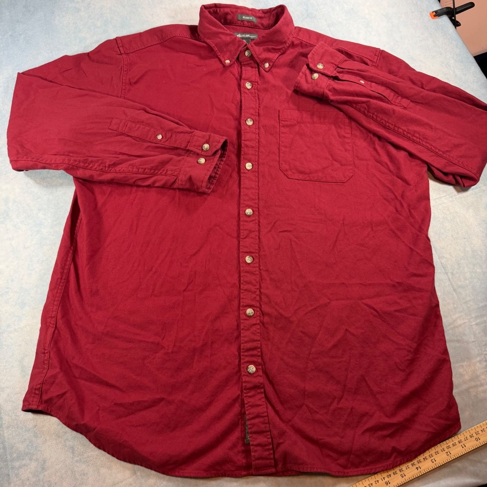 Eddie Bauer Button Down Shirt Mens TXL Red Excellent Relaxed Fit Cotton Twill - Picture 2 of 9